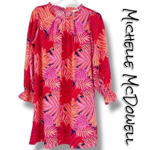 Michelle McDowell Pink Red Tropical Leaf Long Sleeve Shift Dress Womens Sz Small